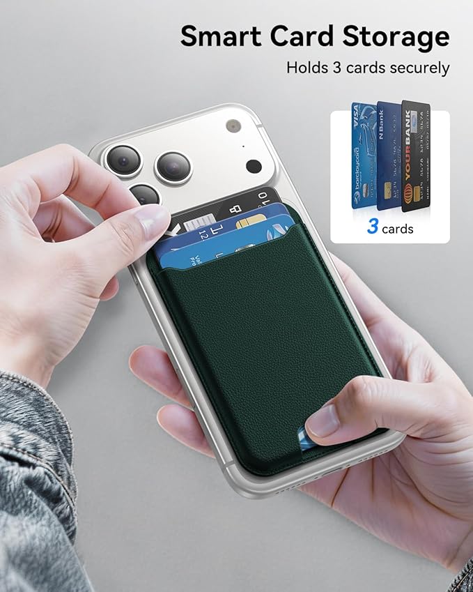 for MagSafe Wallet, 3 Cards Holder, Slim Magnetic Phone Wallet for iPhone 17/16/15/14/13/12 Pro Max Plus Air Series,RFID Blocking Vegan Leather,Night Green