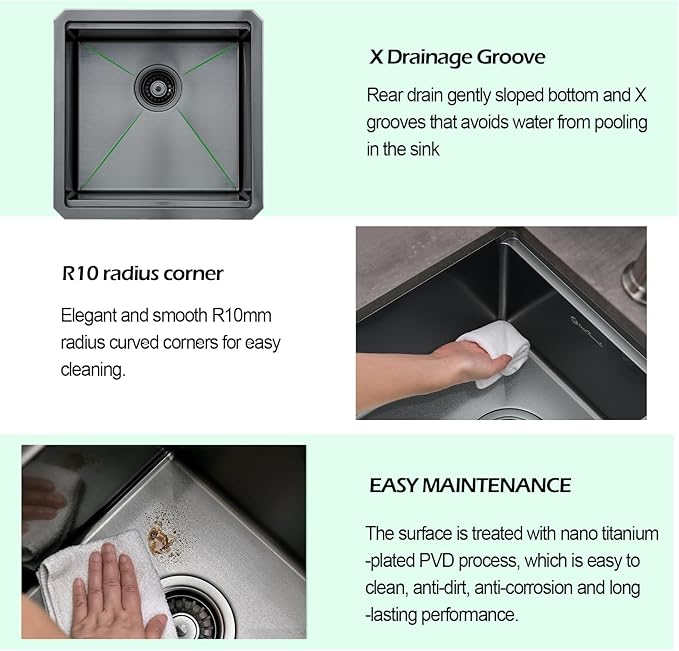 Undermount Kitchen Sink, 18 x 18 x 10 Inch Sink Kitchen 16 Gauge Gunmetal Black Stainless Steel Kitchen Sinks Single Bowl Workstation Sink with Cutting Board
