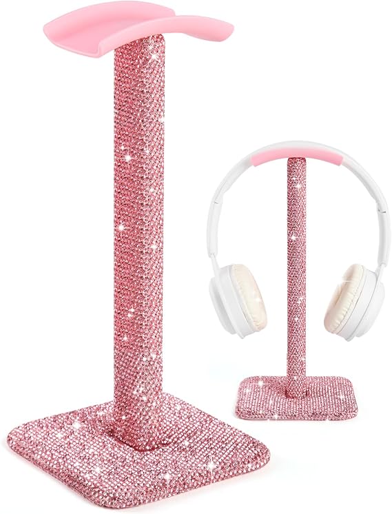 Pink Headphone Stand for Desk, Cute Rhinestone Bling Headset Holder