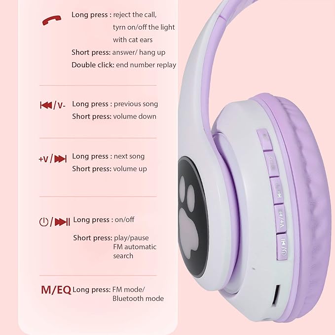 TCJJ Bluetooth 6.0 Cat Ear Kids Headphones for Girls, LED Light Up, 85dB Safe Volume Limit, Stereo Sound Toddler Foldable Wireless & 3.5mm Wired Headset with Mic for School, Tablet, Travel