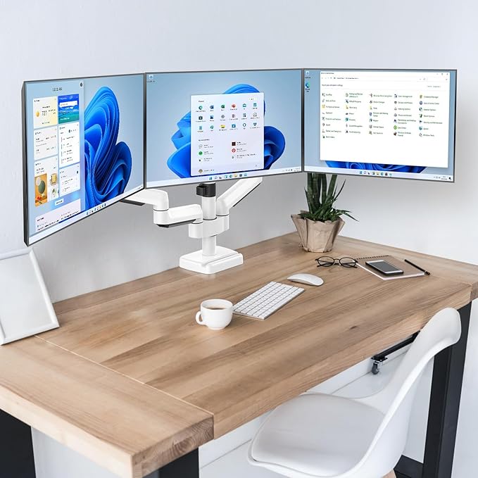 MOUNTUP Triple Monitor Stand Mount - 3 Monitors Desk Mount for Computer Screens Up to 27 inch, Triple Monitor Arm with Gas Spring, Heavy Duty Monitors Stand, Each Arm Holds 4.4-19.8 lbs, White