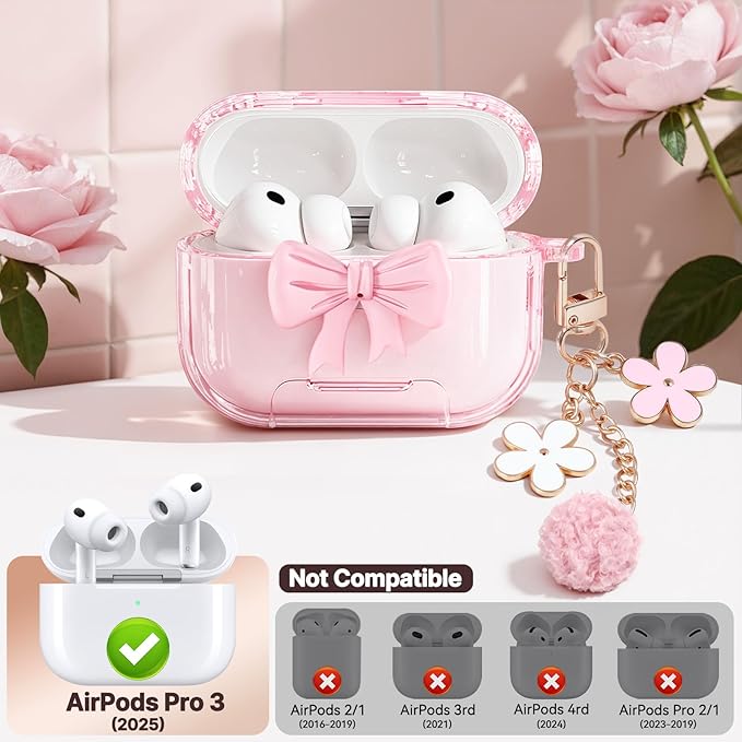 for AirPods Pro 3 Case 2025, with Safety Lock & Phone Stand for AirPods Pro 3 Generation Case Cover for Women Girly,Clear Pink Bow Butterfly iPods Pro 3 Case with Keychain, Pink
