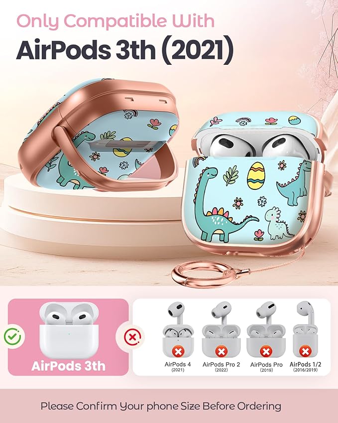 Coralogo for AirPods 3rd Case with Safety Lock - Cute Cartoon for AirPods 3rd Generation for Women Girls Fashion Stylish Dinosaur Pattern Design Kawaii Girly Girlish Hard Protective Cover