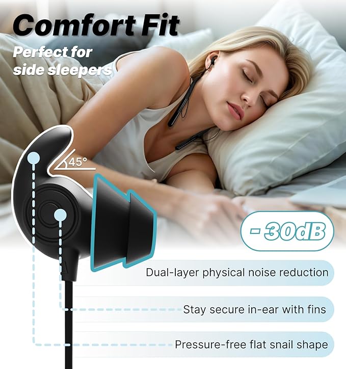 Hmusic HS88 Sleep Earbuds for Side Sleepers – Ultra-Thin Silicone Neckband Headphones, 30dB Noise Isolation, 12H Battery Life with Sleep Timer, Secure Fit for Yoga, Travel, Audiobooks & Meditation