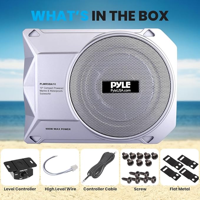Pyle 10-Inch Low-Profile Amplified Subwoofer System - 900 Watt Compact Enclosed Active Marine Underseat Car Subwoofer with Built In Amp, Powered Car Subwoofer w/ Low & High Level Inputs