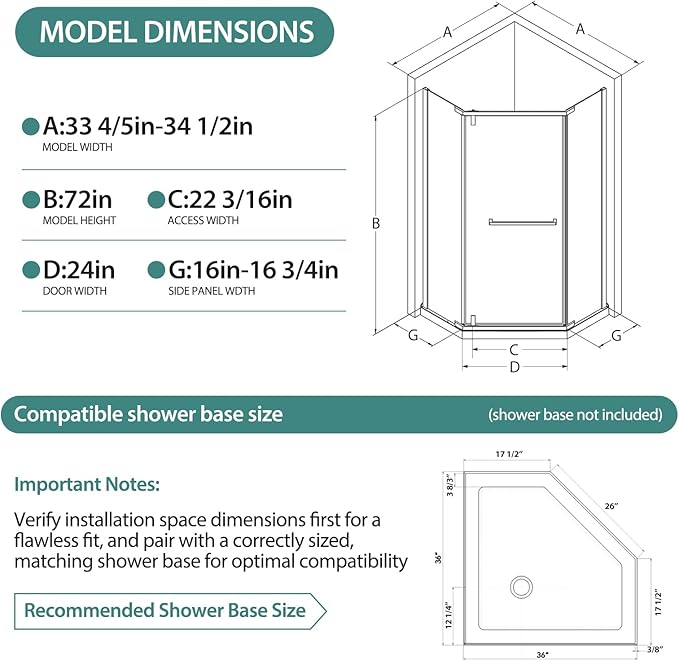 36 Corner Shower Door,36" W x 72" H Neo-Angle Corner Shower Enclosure,Frameless Pivot Shower Doors with 1/4” (6MM) SGCC Tempered Glass for Walk-in Shower,Chrome