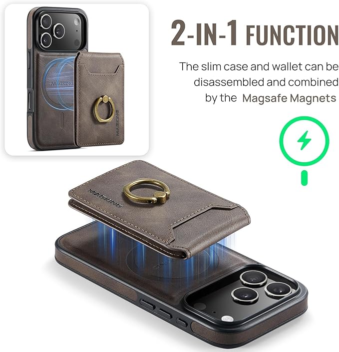 Wallet Case for iPhone 17 Pro, 2 in 1 Strong Magnetic Detachable, Shockproof Phone Case Compatible with MagSafe, Slim Leather Wallet RFID Blocking 5-Card Holder Ring Grip Stand (Coffee)