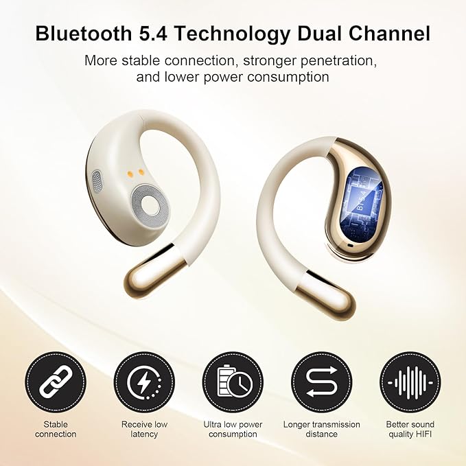Wireless Earbuds,Open Ear Earbuds - Bone Conduction Headphones,running headphones,Waterproof Deep Bass Earphones for Fitness and Running, sports headphones,Sweat-Resistant for Workouts (Khaki White)