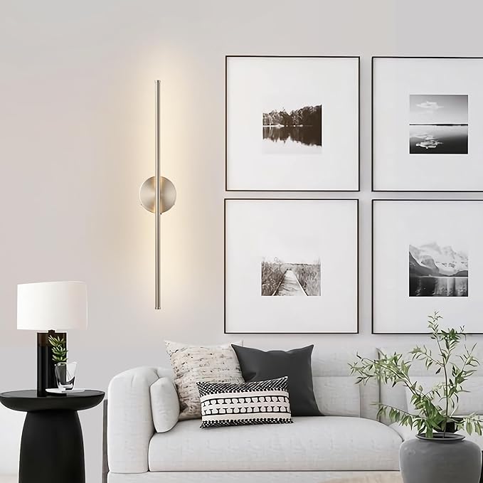 Battery Operated Wall Sconces with Remote Control, Dimmable Wall Sconces Set of Two, 350°Rotate, 3000K LED Nickel Wireless Wall Light for Living Room, Bedroom, Hallway, 24.4 Inch (2 Pack)