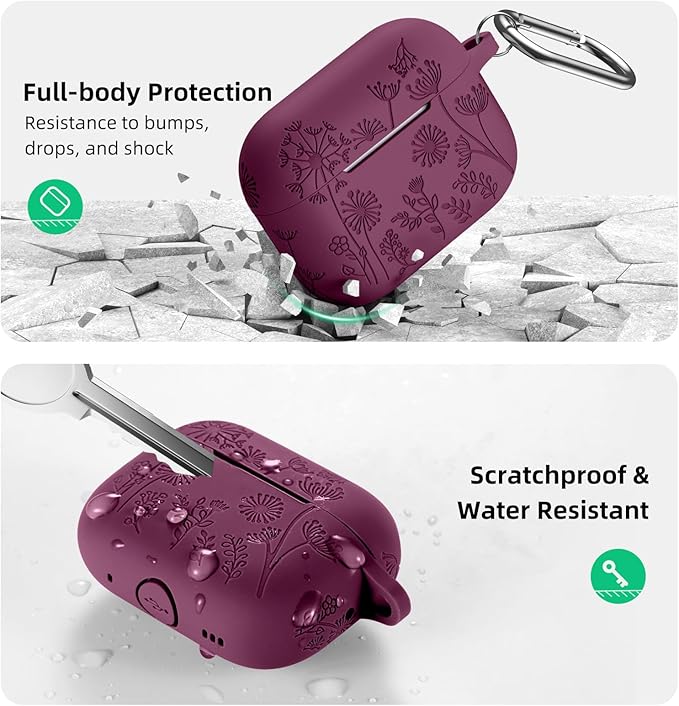 Lerobo Purplish Red Silicone Case for AirPods Pro 2/1 2023/22/19, Floral Engraved Protective Cover with Keychain, Portable Electronic Device Cover