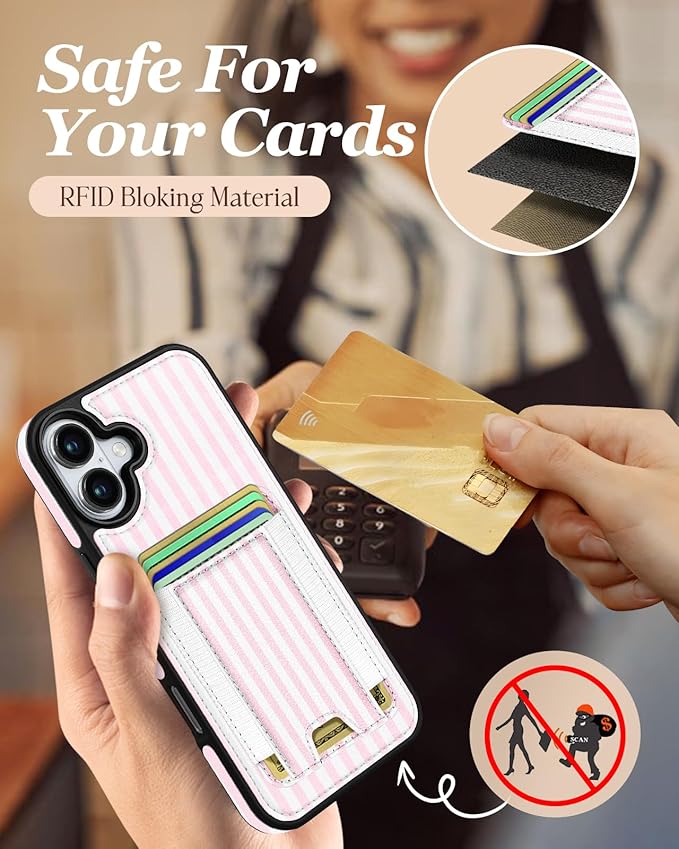Shorogyt for iPhone 17 Wallet Case - Fits 5 Cards, Compatible with Magsafe Detachable Magnetic Credit Card Holder Leather Cardholder Cute Phone Cover Women Girls for Apple 17, Striped