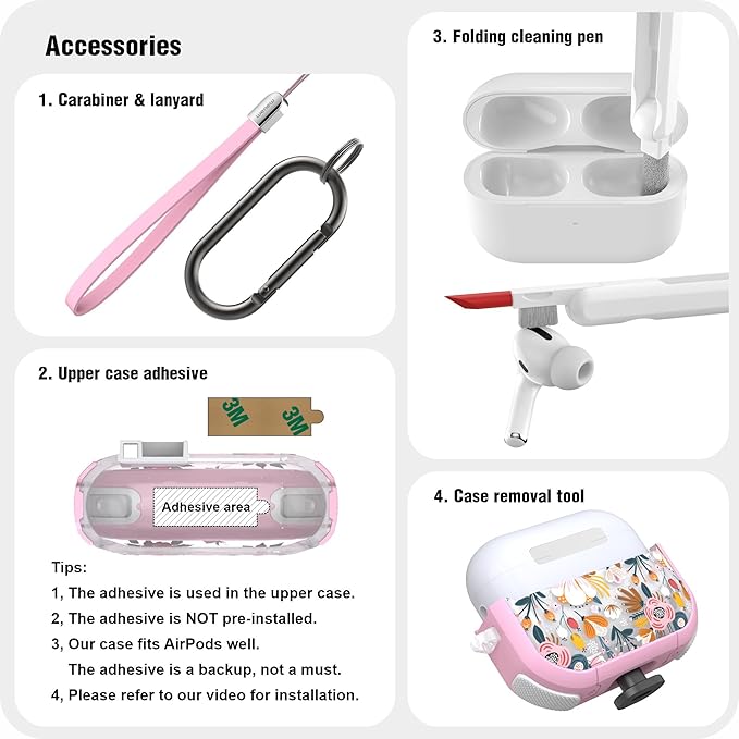 WENEW for AirPods Pro 3 Case (2025) Cover Secure Lock Automatic Snap Switch Clip Cleaner Kit Lanyard Women Stylish Flower Hard Shell Full Body Front LED Visible (Pink Flower, AirPods Pro 3)