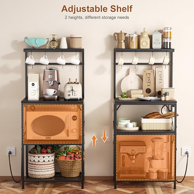 Kitchen Bakers Rack with Power Outlet, Coffee Bar Table 4 Tiers, Microwave Stand with 8 Hooks, Coffee Station and Organizer, Kitchen Storage Shelves Rack for Spices, Pots, Black