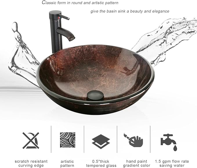 eclife 36" Bathroom Vanity Sink Combo Modern Metal Stand Cabinet W/Bottom Shelf & Storage Side Cabinet Brown Round Vessel Sink & Water Save Faucet & Pop Up Drain, Oak (A09)
