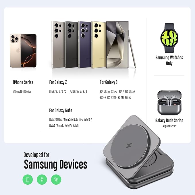 KU XIU Wireless Charger for Samsung,Zinc Alloy Foldable 3 in 1 Wireless Charging Station for Samsung Galaxy S26 S25 Ultra S24 S23 Note Z Fold 7 Flip/Buds,Fast Charger for Galaxy Watch Ultra 8 7 6 5 4