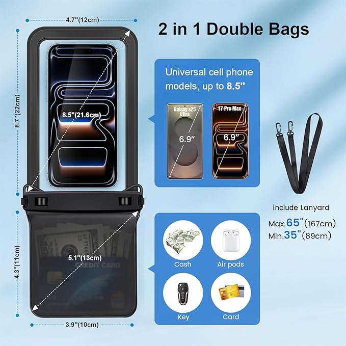 IPX8 Waterproof Phone Pouch, [Up to 8.5''] Double Space Waterproof Phone Case with Lanyard for iPhone 17 16 15 14 Pro Max, Cellphone Dry Bag for Beach Vacation Cruise Essentials, 2 Pack