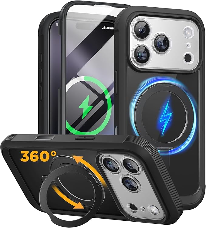 Miracase for iPhone 17 Pro Case with 360 Spin Magnetic Stand, Full-Body Phone Case with Built-in Glass Screen Protector & Camera Control, Drop Proof iPhone 17 Pro Cover, Black