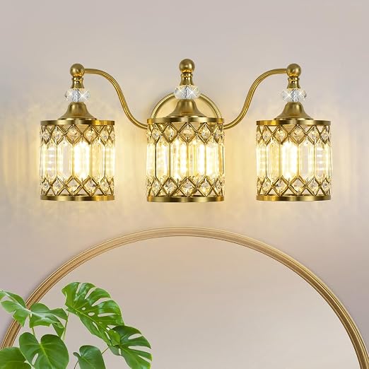 3 Lights Modern Vintage Brushed Gold Crystal Bathroom Light Fixtures