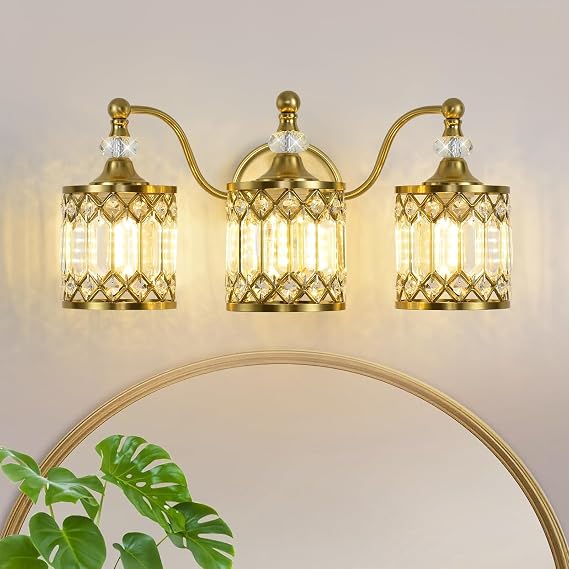 3 Lights Modern Vintage Brushed Gold Crystal Bathroom Light Fixtures