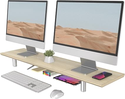 Fenge 39.4” Dual Monitor Stand with Height Adjustable Legs, Oak