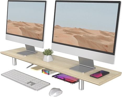 Fenge 39.4” Dual Monitor Stand with Height Adjustable Legs, Oak