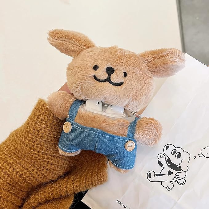 YOKVOOK Plush Case for AirPods Pro, Kawaii Cute 3D Cartoon Fur Khaki Puppy Wearing Overalls Design Funny Furry Cover with Keychain Protective Case Women Girls for Airpods Pro