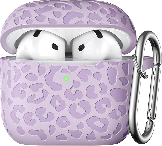 Leopard Engraved Compatible AirPods 4 Case, Soft Silicone Protective Case for Apple AirPods 4th Gen, Cute Accessory with Keychain (Lavender)