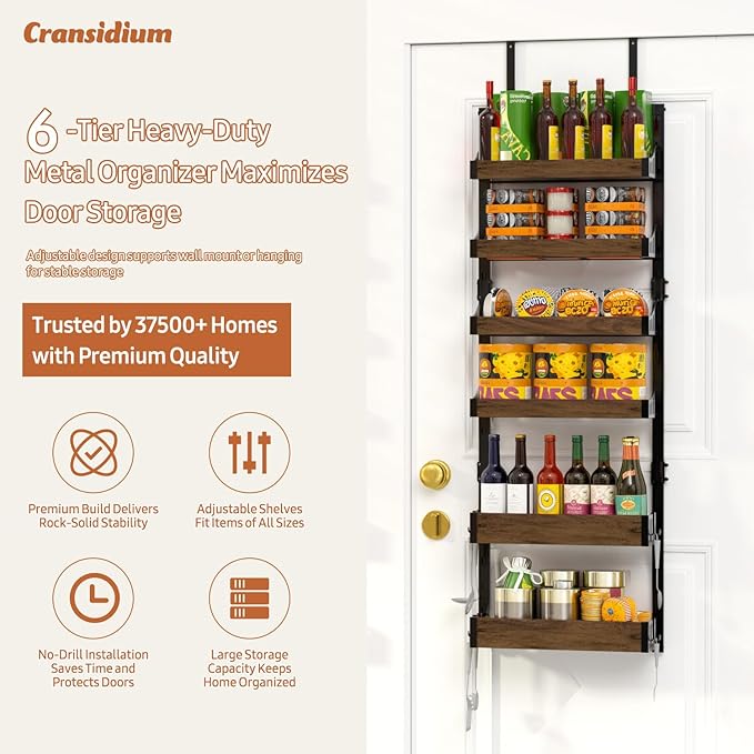 Over the Door Pantry Organizer: Storage and Pantry Organization with Hanging Basket - 6-Tier Metal Spice Rack Adjustable Shelves for Kitchen Laundry Room Bedroom & Bathroom Black