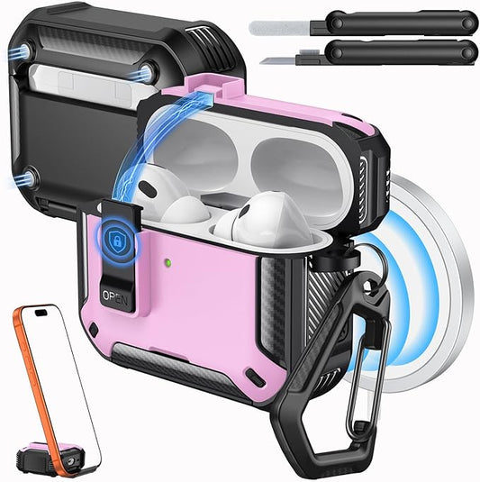 MoKo for AirPods Pro 3 Case with Lock 2025 - Compatible with MagSafe, Phone Stand & Auto Pop-up for AirPods Pro 3rd Generation Case, Military-Grade Protective Cover with Cleaner Kit. Pink+Black