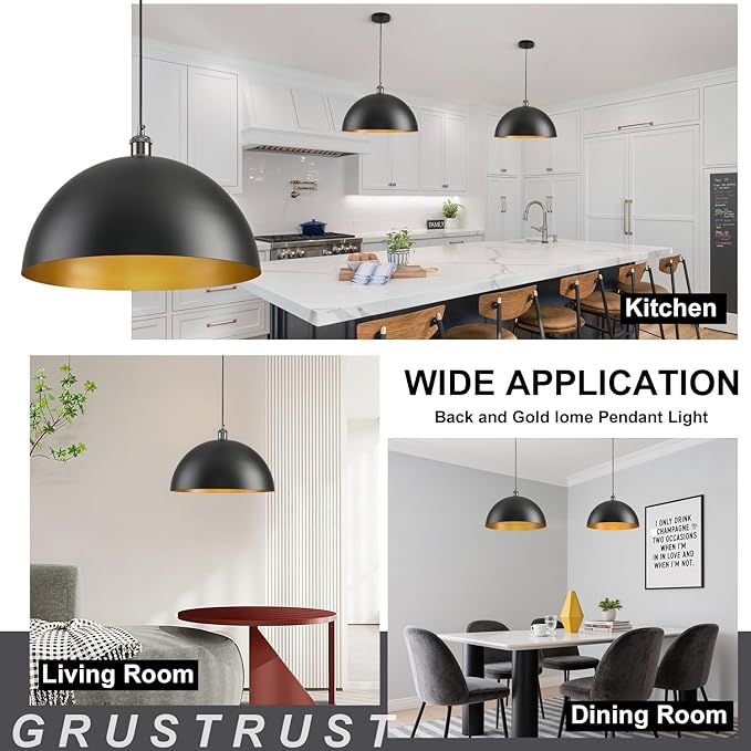 Black Pendant Light for Kitchen Island, 16 Inch Black and Gold Metal Dome Farmhouse Pendant Light Fixtures, Industrial Kitchen Pendant Lights Hanging Ceiling Light for Dining Room Foyer Cafe,2 Pack
