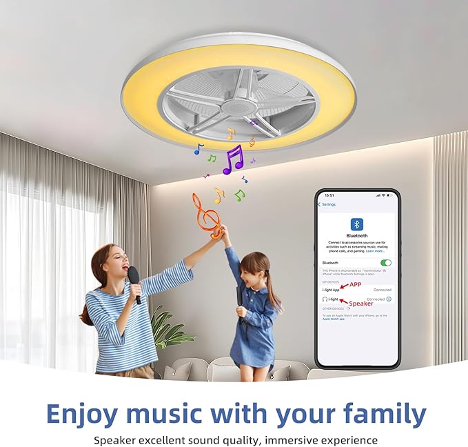 BAYSQUIRREL Low Profile Ceiling Fan with Light and Remote/APP Control,Bluetooth Bladeless Ceiling Fan with Speaker,6 Speeds Reversible 3 Color LED Dimmable Flush Mount Ceiling Fans for Bedroom