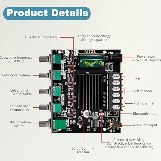 ZK- MT21 Bluetooth Amplifier Board 50W+50W+100W with Treble and Bass Control, Bluetooth 5.0 HiFi 2.1 Channel Subwoofer Stereo Amplifier Board,BT and AUX Inputs for DIY Wireless Speakers