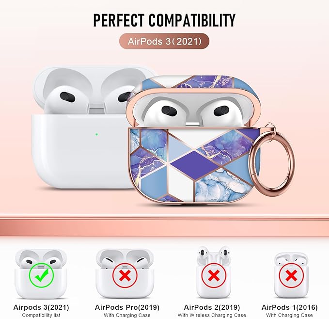 Maxjoy Graceful Marble Hard Protective Shockproof AirPods 3 Case Cover with Keychain, Compatible with Apple AirPods 3rd Generation Charging Case, Blue White