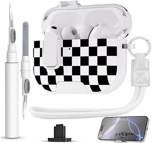 for AirPods Pro 3 Case(2025) with Secure Lock Clip and Phone Stand,Floral Girly Style Protective Cover with Cleaning Kit and Hand Strap for Apple AirPod Pro 3 Generation (Black White Squares)