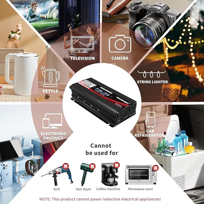 1000 Watt Power Inverter DC 12V to 110V/120V AC Car Inverter with LCD Display, 2 AC Outlets, 3.0A USB and 20W Type-C Car Charger for Vehicles Home Laptop Truck Black