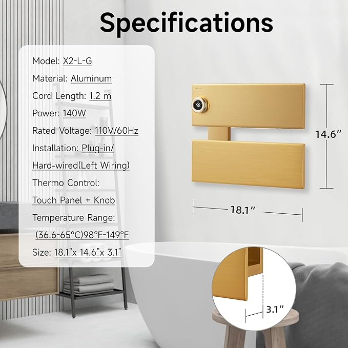 P&Bhusri Electric Heated Towel Rack, Gold Towel Warmer with Adjustable Temperature (98–149°F) and Timer (1-24h, On), Fast Heating and Drying for Bathroom, Memory & Remote Control Compatible