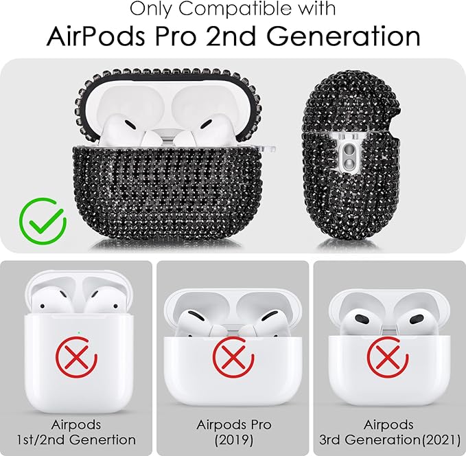 VISOOM Bling Airpods Pro 2nd Generation Case - AirPods Pro 2 Case Cover with Lanyard Women 2024 Crystal iPod Pro 2 Wireless Charging Case Girl Keychain for Apple Airpod Gen Pro 2 (Black)