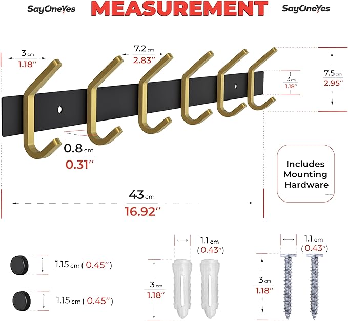 Coat Rack Wall Mount – Black and Gold Hook Rail with 6 Double Coat Hooks, 17 Inch Stainless Steel Wall Hooks for Entryway, Bathroom, Bedroom, Closet, Towel, Hat, Bag, Heavy Duty Organizer