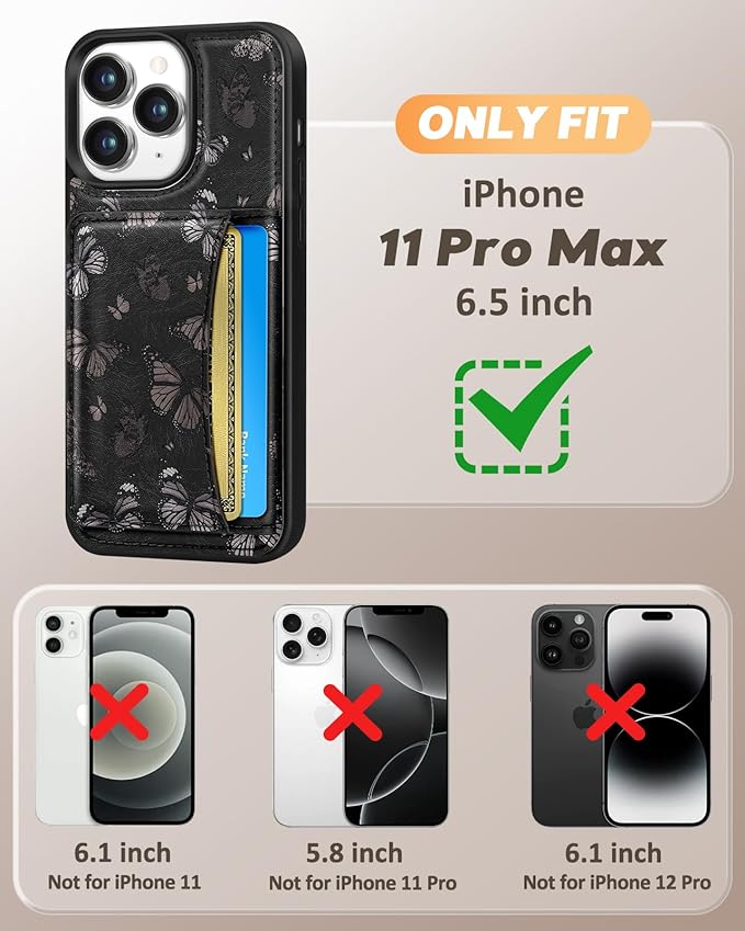 for iPhone 11 Pro Max Case with Wallet - Fits 4 Card Slots, Compatible with MagSafe for Women Aesthetic PU Leather Credit Card Holder Kickstand Phone Cover for Apple 11 Promax, Black Butterfly