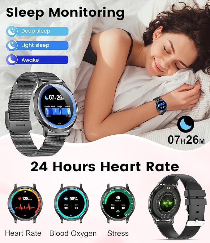 DREMAC Smart Watch(Make Call/Thin),1.32'' Amoled Curved Display for Android iPhone,Smart Watches for Women with Heart Rate Monitor,Sleep Monitor,Pedometer,IP68 Waterproof Fitness Tracker,Black Metal
