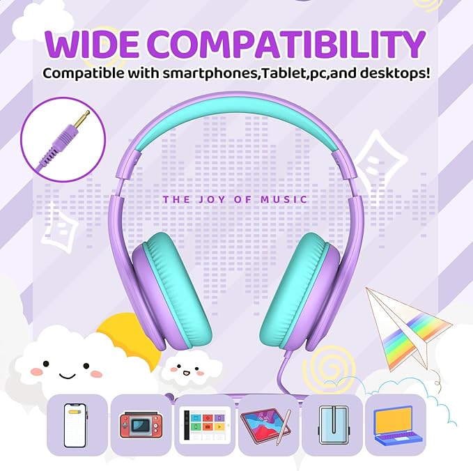 Wired Headphones for Kids, 85dB Volume Limit, 3.5mm Kids Headphones with Cord, Adjustable, Stereo Sound Foldable Toddler headsets for School-Purple