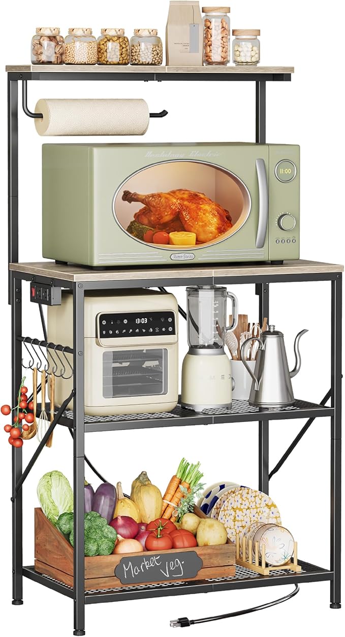 Huuger 4-Tier Bakers Rack with Reversible Power Outlet, 23.6 Inch Microwave Stand with Paper Towel Holder, Kitchen Bar, Larger Storage with Top Shelf, 6 S Hooks, Greige