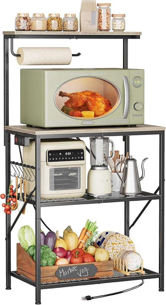 Huuger 4-Tier Bakers Rack with Reversible Power Outlet, 23.6 Inch Microwave Stand with Paper Towel Holder, Kitchen Bar, Larger Storage with Top Shelf, 6 S Hooks, Greige