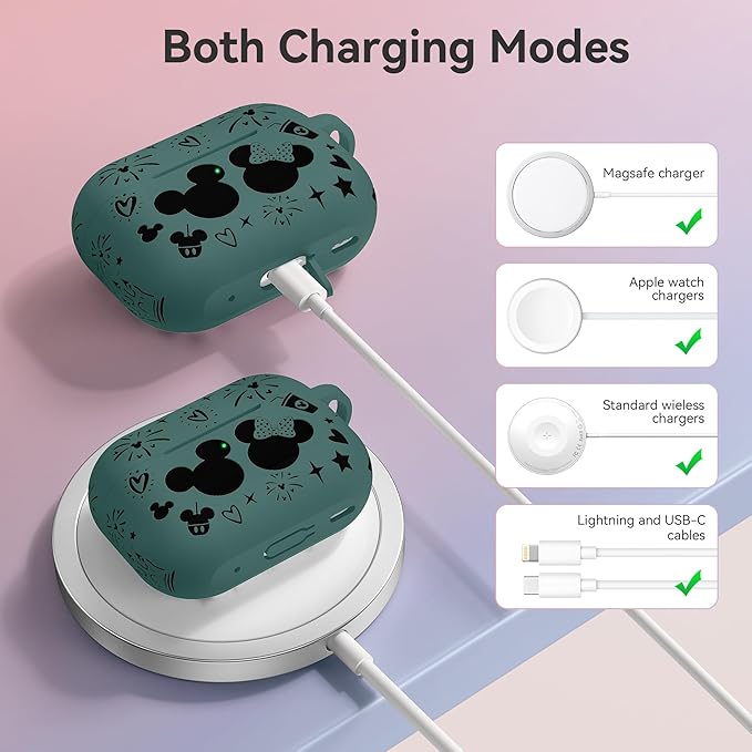 Compatible with Airpods Pro 2nd/1st Generation Case Cover with Keychain, Women Men Soft Silicone Two-Tone Cute Cartoon Engraved Convenience Protective Case, Front LED Visible Green/Black