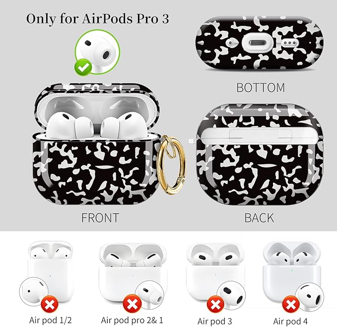 Case for AirPod Pro 3 Shock-Proof Protective Hard Case with Golden Keychain Compatible with Apple Airpods Pro 3rd Generation 2025 (Black White)