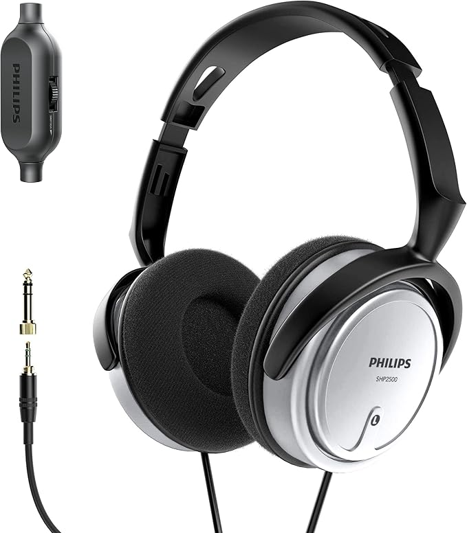 PHILIPS Over Ear Wired Stereo Headphones for Podcasts, Studio Monitoring and Recording Headset for Computer, Keyboard and Guitar with 6.3 mm (1/4") Add On Adapter- Silver