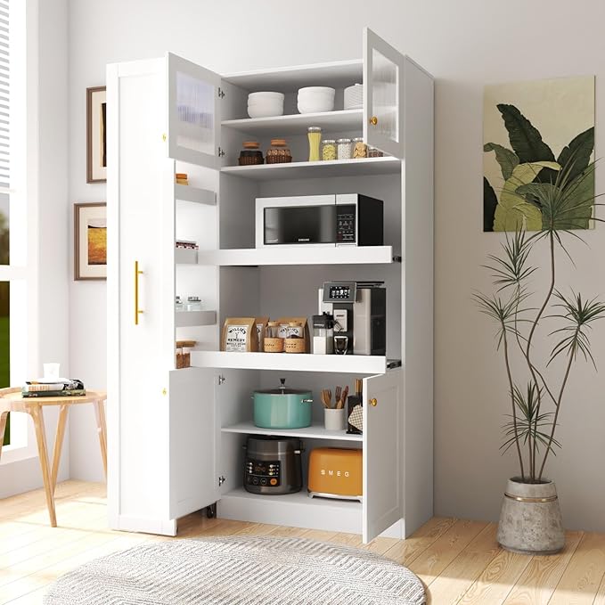 KEIKI 70.87" Tall Kitchen Pantry Storage Cabinet with Pull-Out Multi-Tier Shelf, Countertop, Glass Doors, Microwave Stand, Freestanding Wood Hutch Food Pantries Cupboard for Coffee Bar, Dining Room