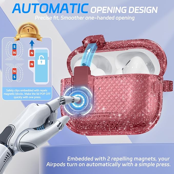 for AirPods Pro 2 Case with Phone Stand & Secure Lock, Auto-Open Clear Cover Compatible with Apple AirPods Pro 2nd/1st Gen (2023,2022,2019) with Cleaning Kit & Keychain (Shine-Clear White)