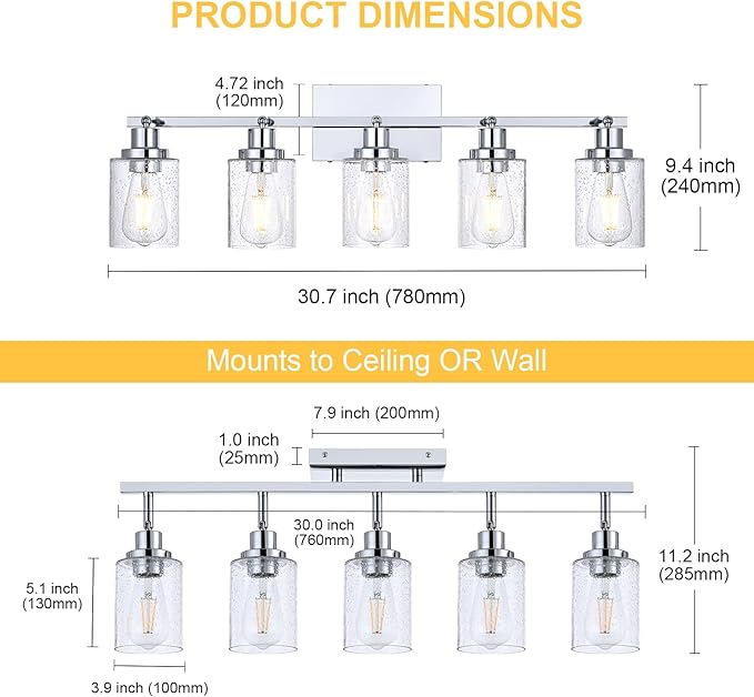 5-Light Chrome Track Light Fixture Ceiling Track Lighting Kit with Seeded Glass Track Lighting Heads Ceiling Vanity Light, Multi-Directional Rotating Spotlight Fixtures for Kitchen Accent Shop