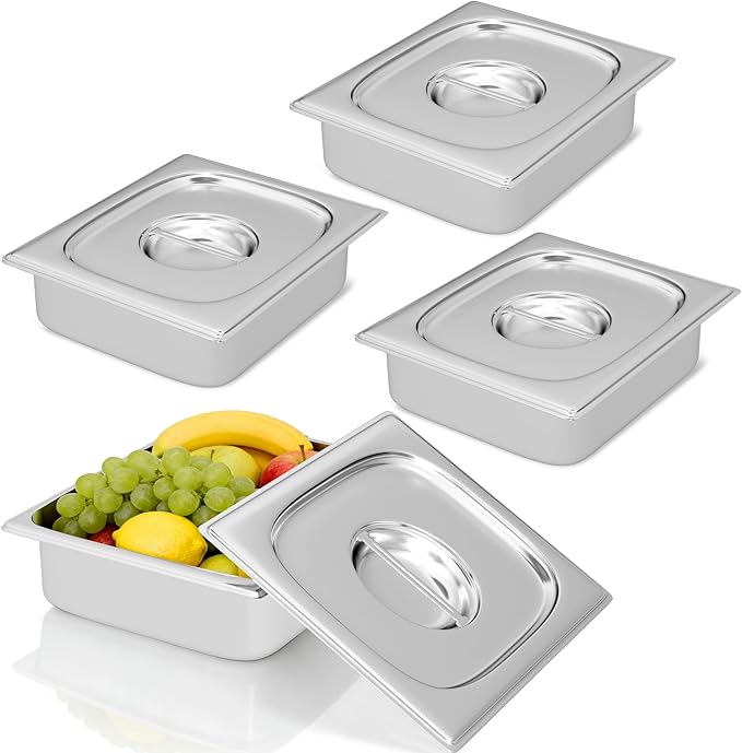 4 Pack Hotel Pans with Lids 1/2 Size 4" Deep, Stainless Steel Steam Table Pan with Lid, Commercial Metal Buffet Food Storage Container, Anti-Jam Design, for Restaurant, Kitchen, Party, Home